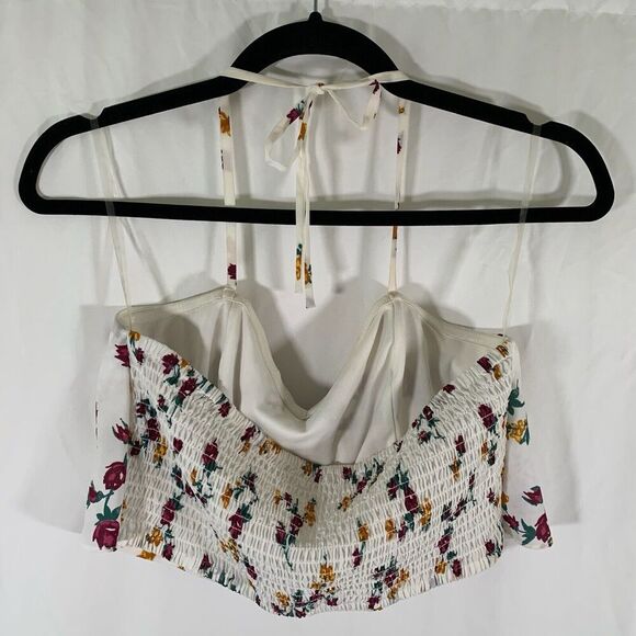 Leith Crop Top Women's Medium White Floral Tie Neck Stretchy Pullover - Picture 6 of 7
